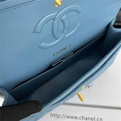 Cha.nel Medium Classic Flap Bag Grained Calfskin Gold Tone Metal Blue 01112 (Flap Edge Stitch)