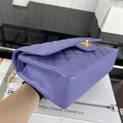 Cha.nel Medium Classic Flap Bag Grained Calfskin Gold Tone Metal Purple 01112 (Flap Edge Stitch)