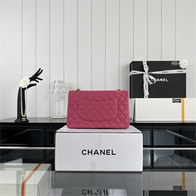 Cha.nel Medium Classic Flap Bag Grained Calfskin Gold Tone Metal Fuchsia 01112