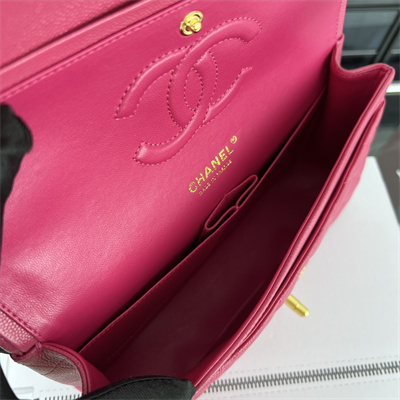Cha.nel Medium Classic Flap Bag Grained Calfskin Gold Tone Metal Fuchsia 01112