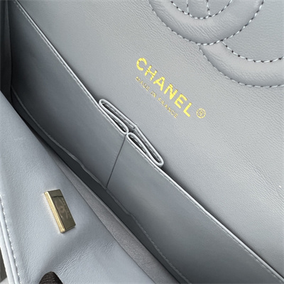 Cha.nel Medium Classic Flap Bag Grained Calfskin Gold Tone Metal Lt Blue 01112