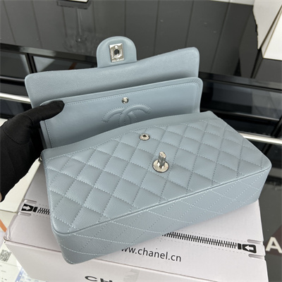 Cha.nel Medium Classic Flap Bag Grained Calfskin Silver Tone Metal Lt Blue 01112