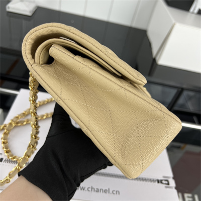 Cha.nel Medium Classic Flap Bag Grained Calfskin Gold Tone Metal Beige 01112