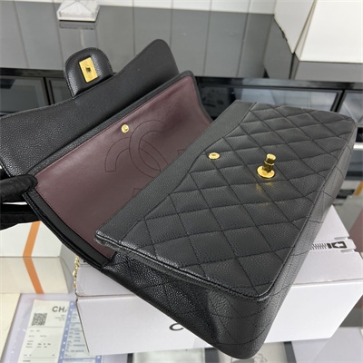Cha.nel Large Classic Flap Bag Grained Calfskin Gold Tone Metal Black 58600(Flap Edge Stitch)