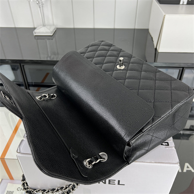 Cha.nel Large Classic Flap Bag Grained Calfskin Silver Tone Metal Black 58600(Flap Edge Stitch)
