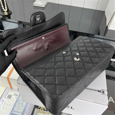 Cha.nel Large Classic Flap Bag Grained Calfskin Silver Tone Metal Black 58600(Flap Edge Stitch)