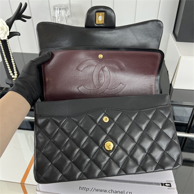 Cha.nel Large Classic Flap Bag Lambskin Gold Tone Metal Black 58600