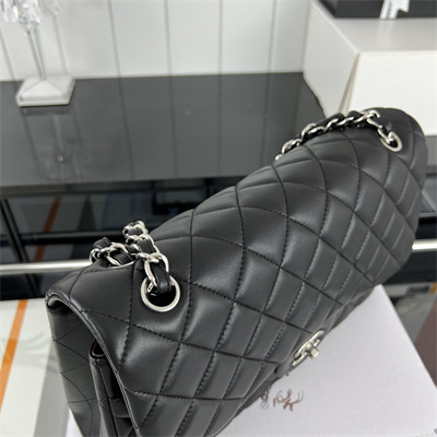 Cha.nel Large Classic Flap Bag Lambskin Silver Tone Metal Black 58600