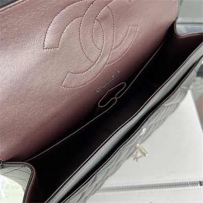 Cha.nel Large Classic Flap Bag Lambskin Silver Tone Metal Black 58600