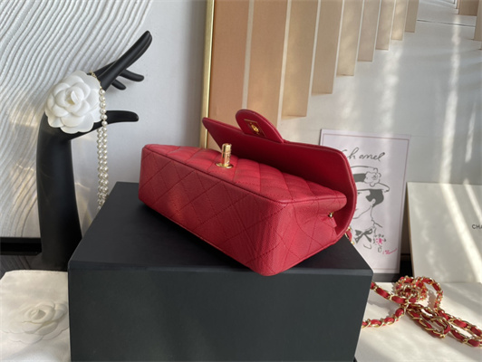 Cha.nel Mini Classic Flap Bag Grained Calfskin Gold Tone Metal Red 01116