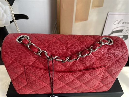 Cha.nel Mini Classic Flap Bag Grained Calfskin Silver Tone Metal Red 01116