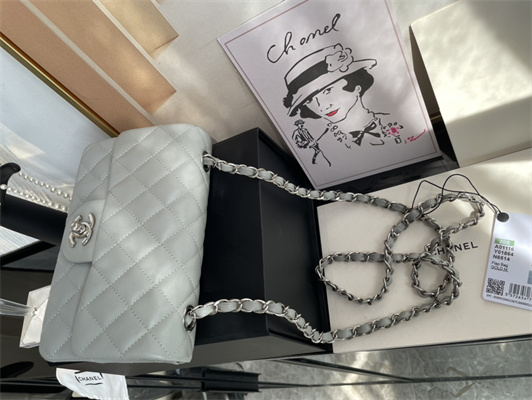 Cha.nel Mini Classic Flap Bag Grained Calfskin Silver Tone Metal Grey 01116