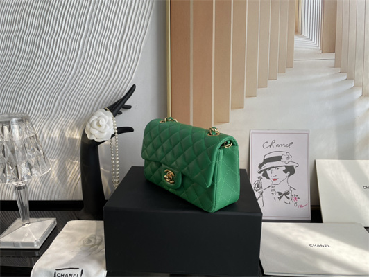 Cha.nel Mini Classic Flap Bag Grained Calfskin Gold Tone Metal Green 01116