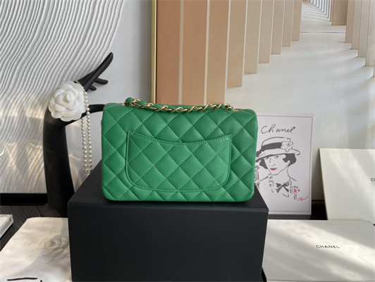 Cha.nel Mini Classic Flap Bag Grained Calfskin Gold Tone Metal Green 01116