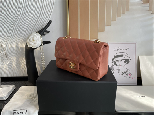 Cha.nel Mini Classic Flap Bag Grained Calfskin Gold Tone Metal Caramel 01116