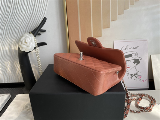 Cha.nel Mini Classic Flap Bag Grained Calfskin Silver Tone Metal Caramel 01116