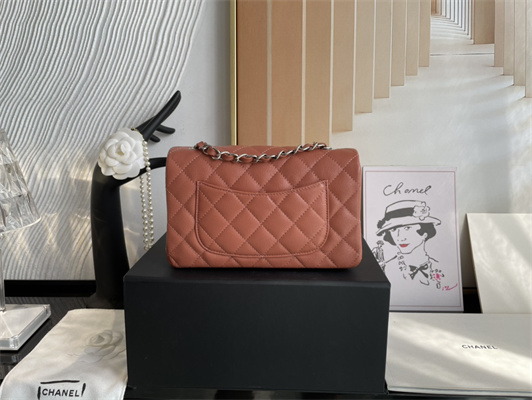 Cha.nel Mini Classic Flap Bag Grained Calfskin Silver Tone Metal Caramel 01116