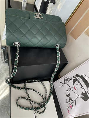 Cha.nel Mini Classic Flap Bag Grained Calfskin Silver Tone Metal Dk Green 01116