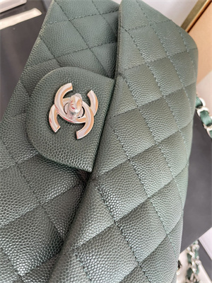 Cha.nel Mini Classic Flap Bag Grained Calfskin Silver Tone Metal Dk Green 01116