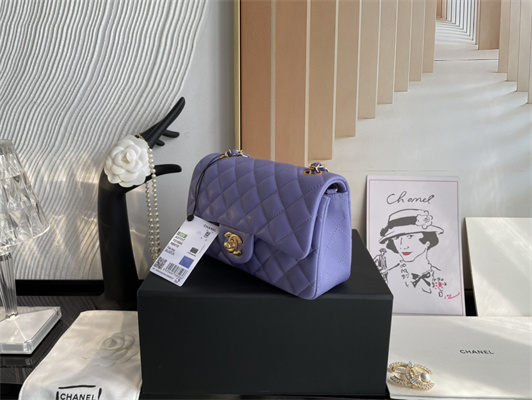 Cha.nel Mini Classic Flap Bag Grained Calfskin Gold Tone Metal Purple 01116