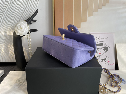 Cha.nel Mini Classic Flap Bag Grained Calfskin Gold Tone Metal Purple 01116