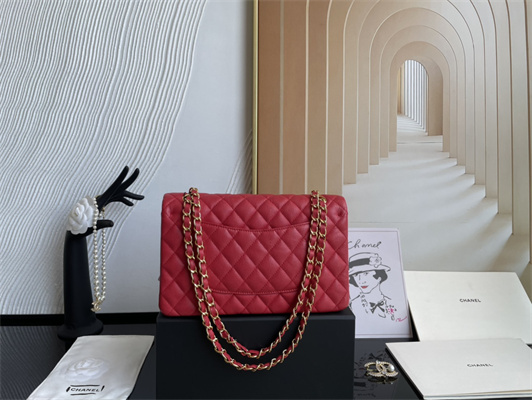 Cha.nel Medium Classic Flap Bag Grained Calfskin Gold Tone Metal Red 01112