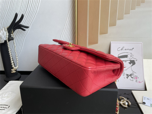 Cha.nel Medium Classic Flap Bag Grained Calfskin Gold Tone Metal Red 01112