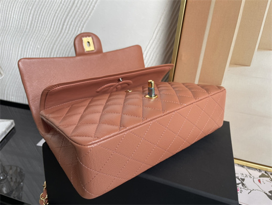 Cha.nel Medium Classic Flap Bag Grained Calfskin Gold Tone Metal Caramel 01112
