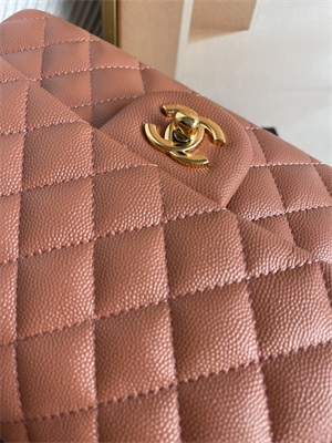 Cha.nel Medium Classic Flap Bag Grained Calfskin Gold Tone Metal Caramel 01112