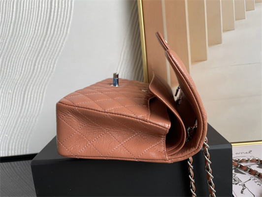 Cha.nel Medium Classic Flap Bag Grained Calfskin Silver Tone Metal Caramel 01112