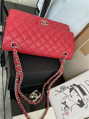 Cha.nel Medium Classic Flap Bag Grained Calfskin Silver Tone Metal Red 01112