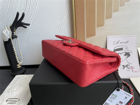 Cha.nel Medium Classic Flap Bag Grained Calfskin Silver Tone Metal Red 01112