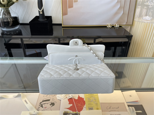 Cha.nel Medium Classic Flap Bag Lambskin Silver Tone Metal White 01112