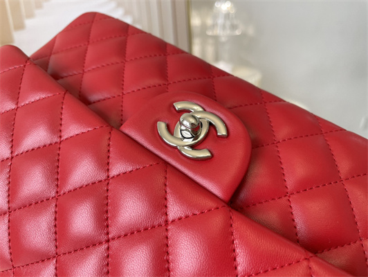 Cha.nel Medium Classic Flap Bag Lambskin Silver Tone Metal Red 01112
