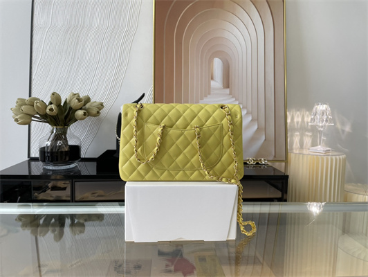 Cha.nel Medium Classic Flap Bag Lambskin Gold Tone Metal Yellow 01112