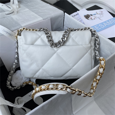 Cha.nel 19 Handbag Lambskin Silver Double C Metal White AS1160