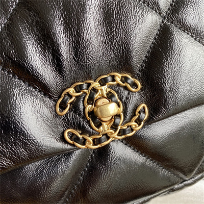 Cha.nel 19 Handbag Shiny Aged Calfskin Gold Double C Metal Black AS1160