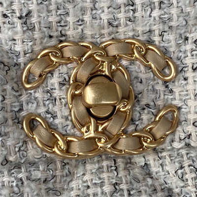 Ch*el 19 handbag wool tweed gold double c metal lt grey as1160