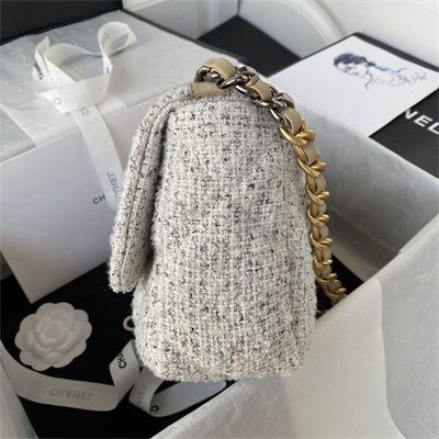 Ch*el 19 handbag wool tweed gold double c metal lt grey as1160