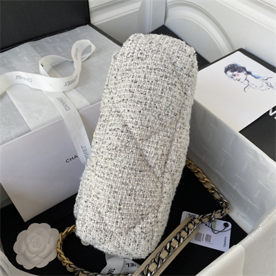 Ch*el 19 handbag wool tweed gold double c metal lt grey as1160