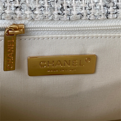 Ch*el 19 handbag wool tweed gold double c metal lt grey as1160