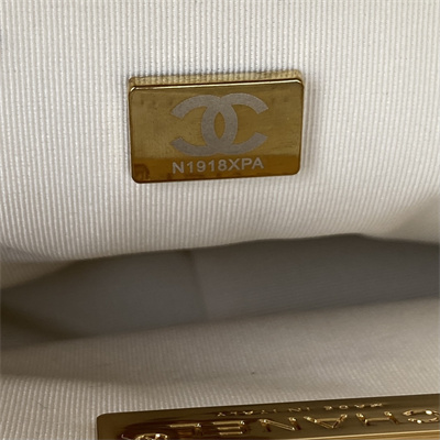 Ch*el 19 handbag wool tweed gold double c metal lt grey as1160