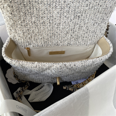 Ch*el 19 handbag wool tweed gold double c metal lt grey as1160