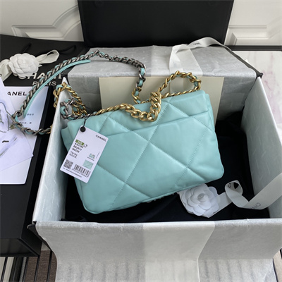 Cha.nel 19 Handbag Lambskin Gold Double C Metal Blue AS1160