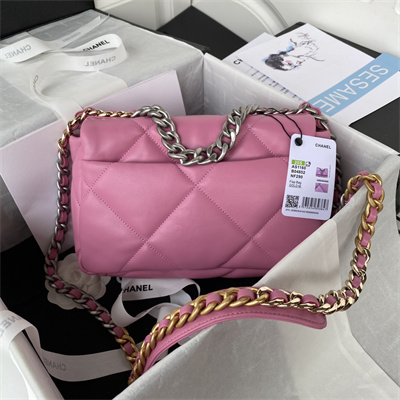Cha.nel 19 Handbag Lambskin Silver Double C Metal Fuchsia Pink AS1160