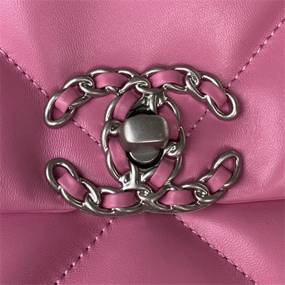 Cha.nel 19 Handbag Lambskin Silver Double C Metal Fuchsia Pink AS1160
