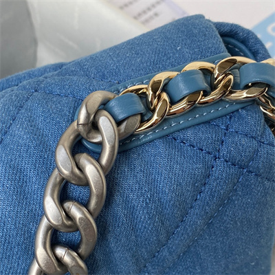 Ch*el 19 handbag denim silver double c metal as1160