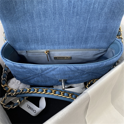 Ch*el 19 handbag denim silver double c metal as1160