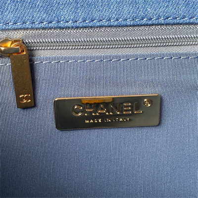 Ch*el 19 handbag denim silver double c metal as1160