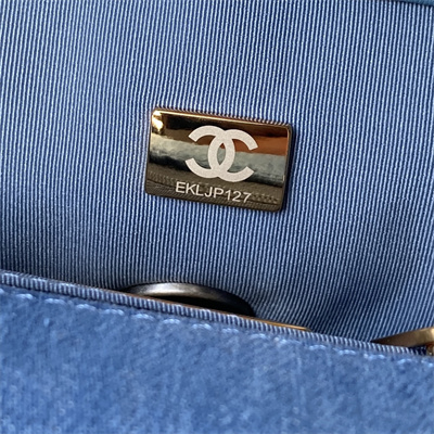 Ch*el 19 handbag denim silver double c metal as1160